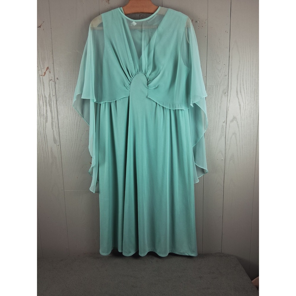 Vintage‎ 60s 70s Evening Dress 18 Aqua Green Chiffon 45" Long Flowy Hollywood